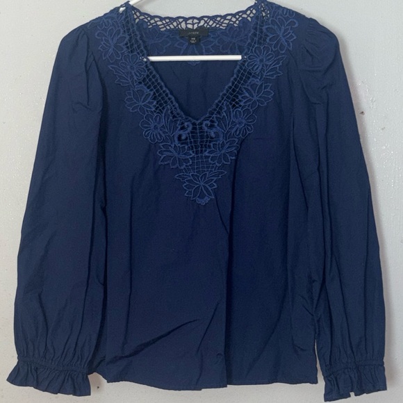J. Crew Tops - J. Crew Navy Blue Embroidered V-Neck Cotton Eyelet Lace trim top XS
